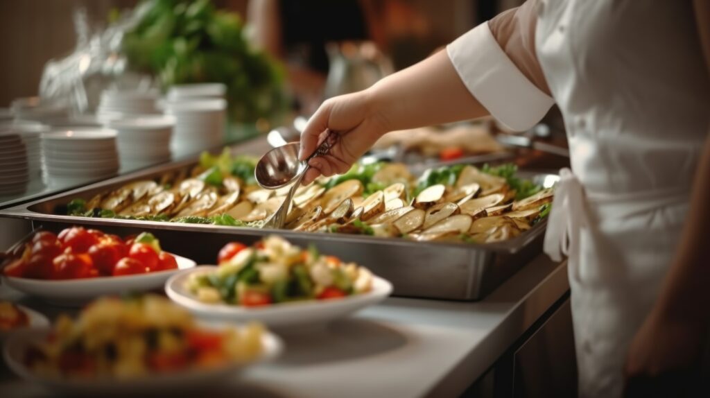 a waiter's hands prepare food for a buffet table.AI generated image
